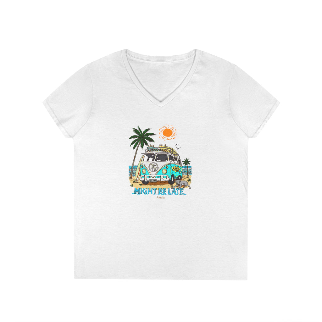 Surfing, Might Be Late Women’s Semi-Fitted Midweight V-Neck Tee