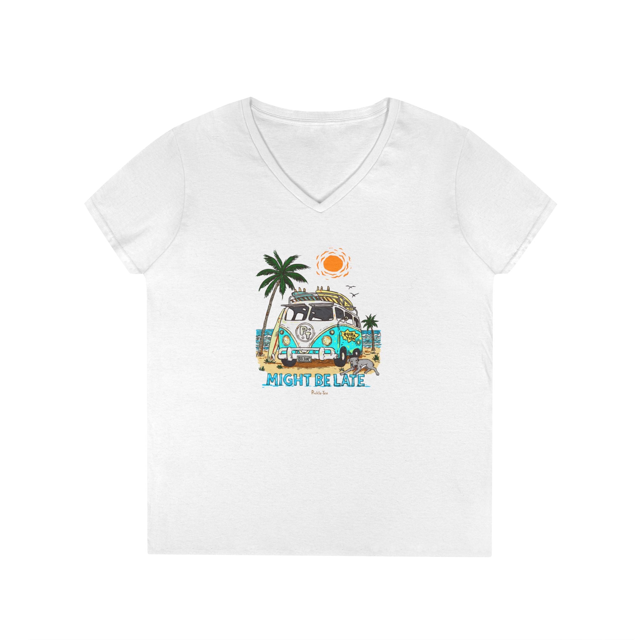 Surfing, Might Be Late Women’s Semi-Fitted Midweight V-Neck Tee