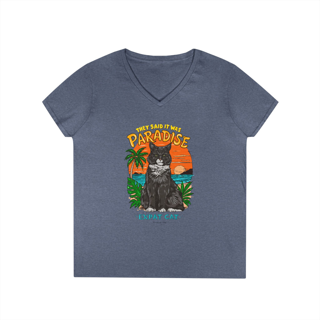 Expat Cat Ladies' Midweight Semi-fitted V-Neck Tee