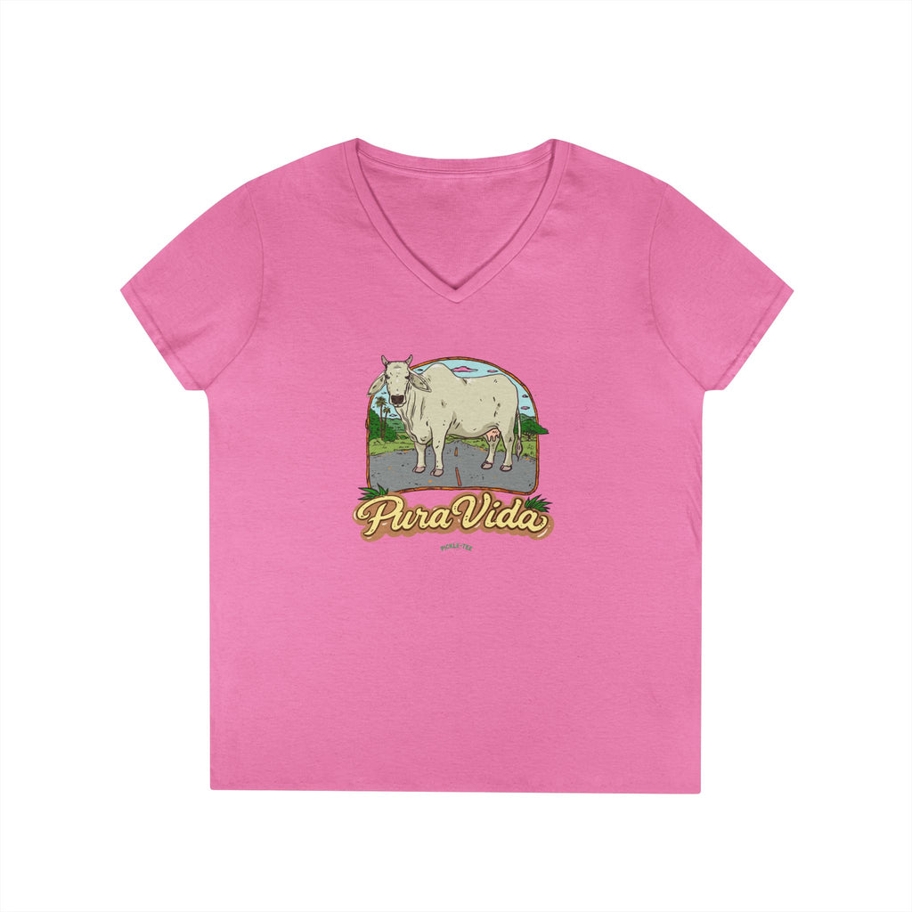 Pura Vida Cow, Women’s Semi Fitted, Midweight V-Neck Tee