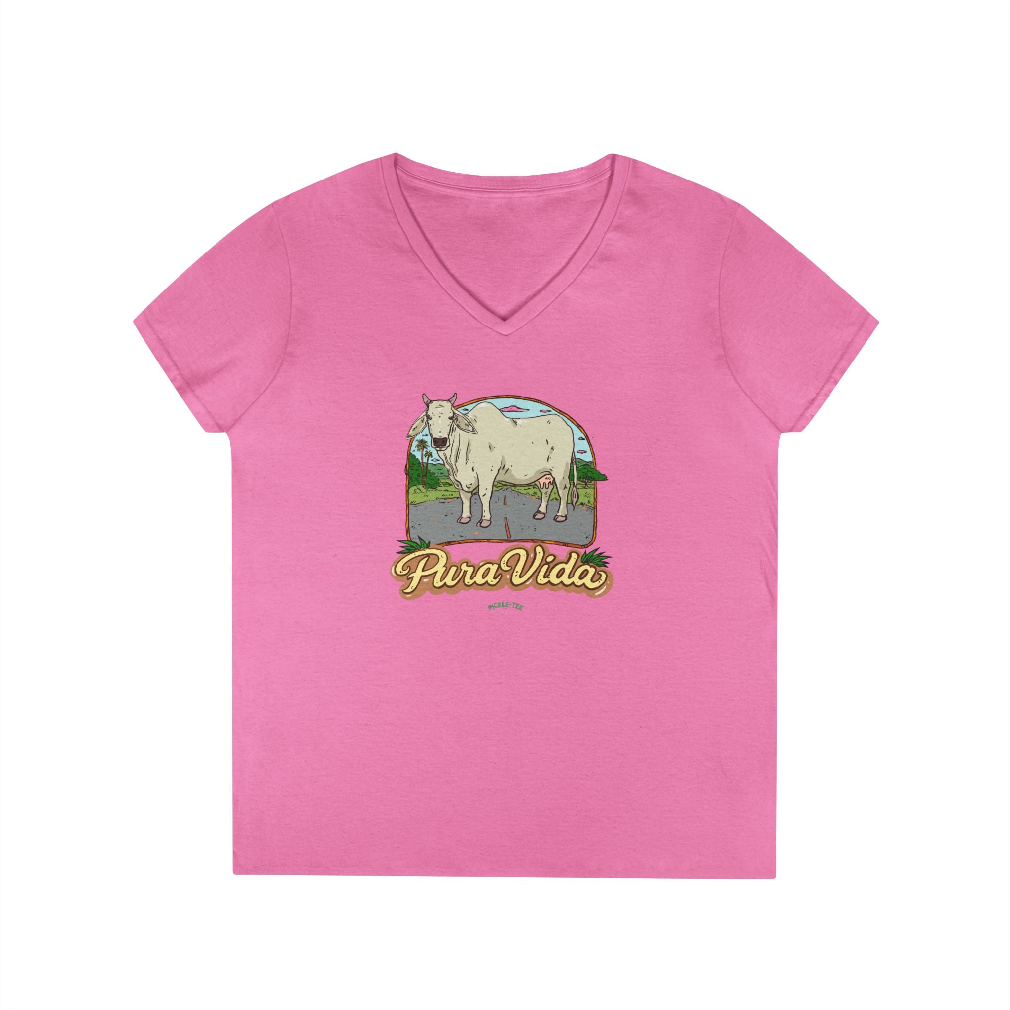Pura Vida Cow, Women’s Semi Fitted, Midweight V-Neck Tee