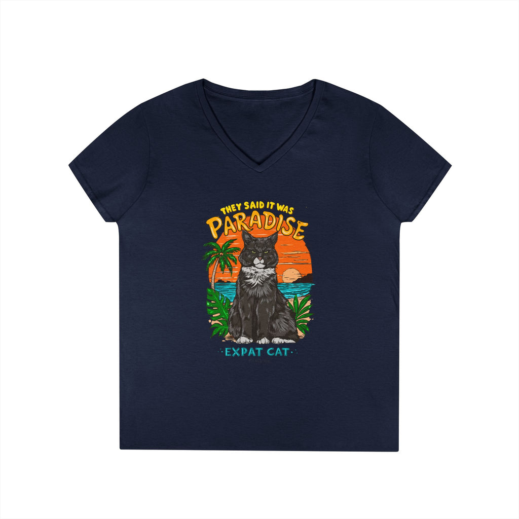 Expat Cat Ladies' Midweight Semi-fitted V-Neck Tee