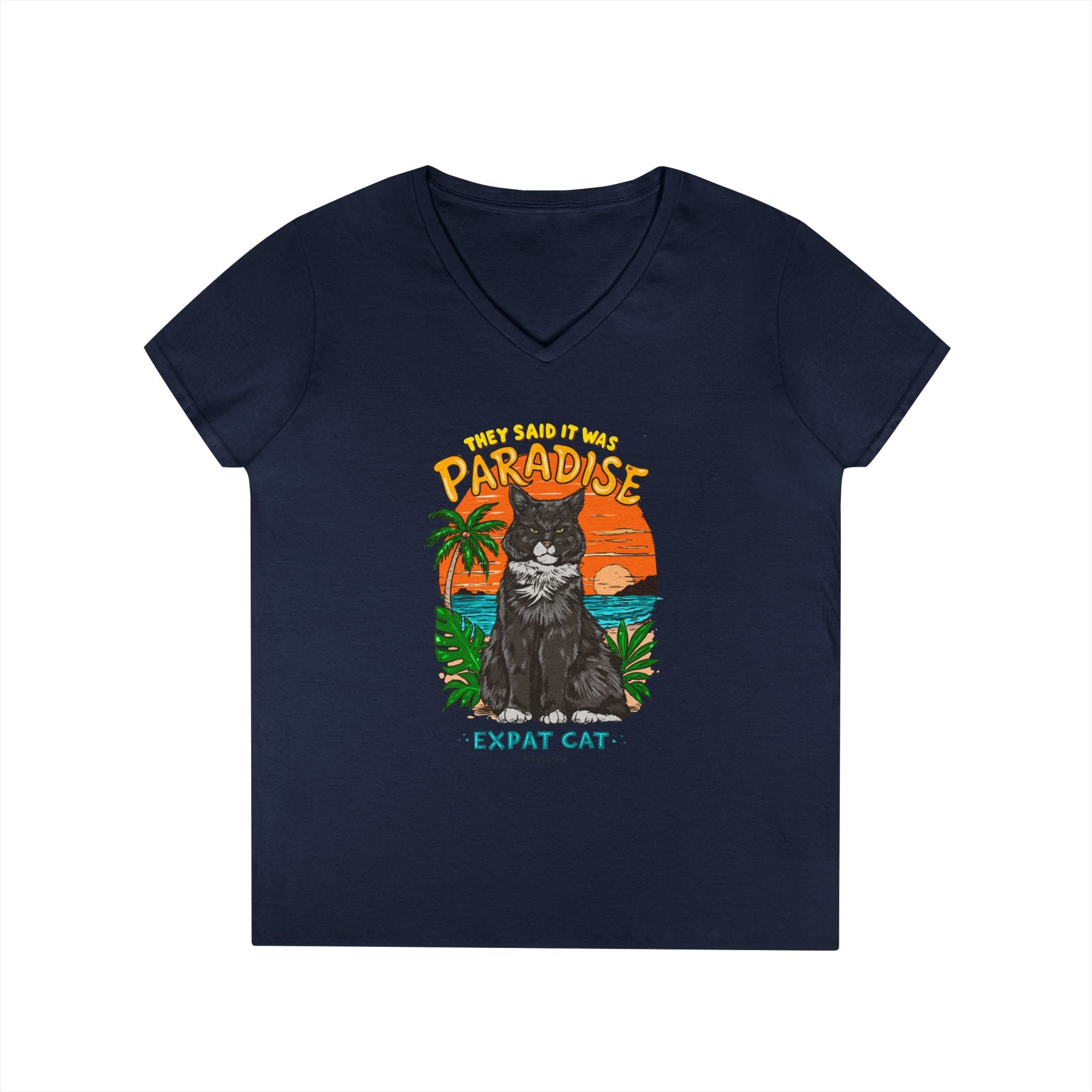 Expat Cat Ladies' Midweight Semi-fitted V-Neck Tee