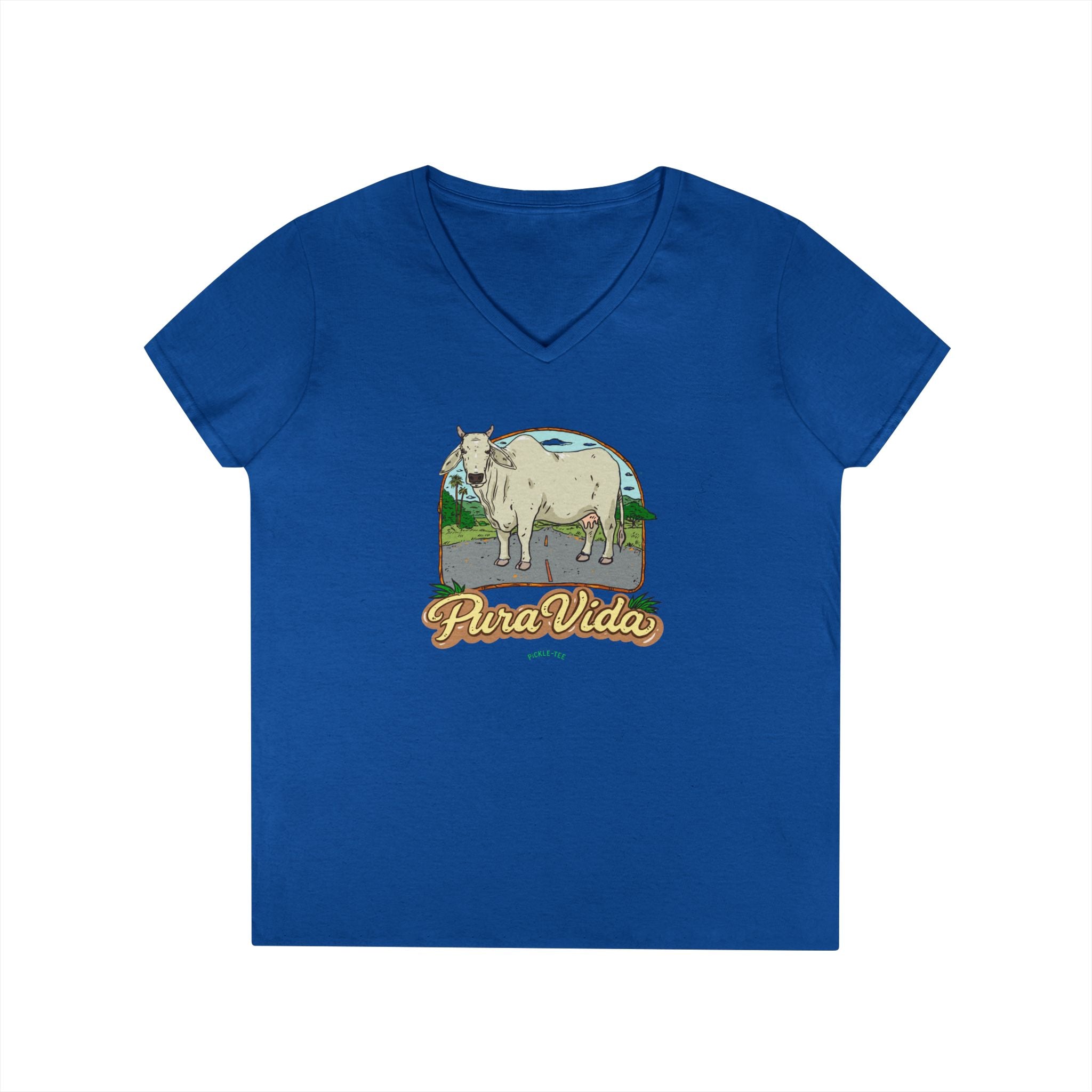 Pura Vida Cow, Women’s Semi Fitted, Midweight V-Neck Tee