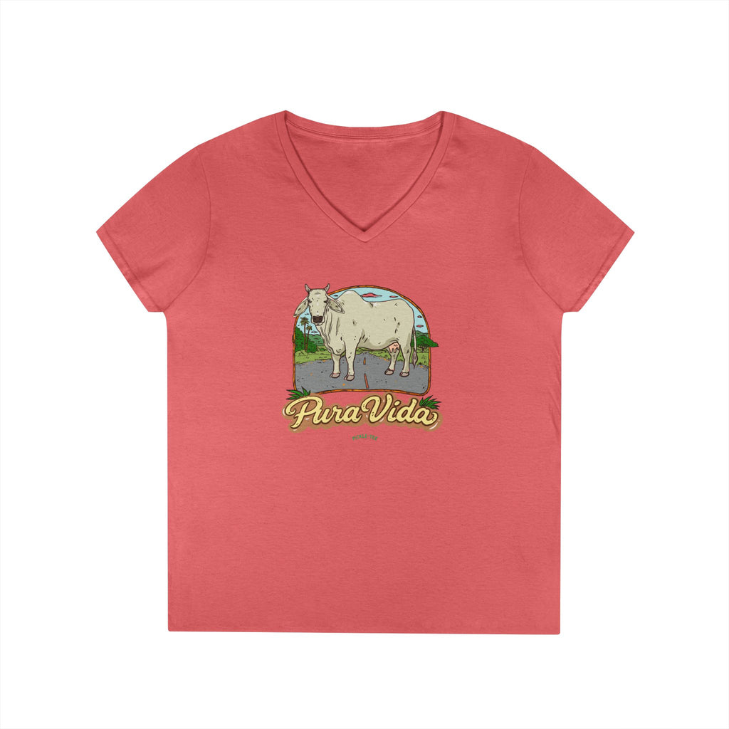 Pura Vida Cow, Women’s Semi Fitted, Midweight V-Neck Tee