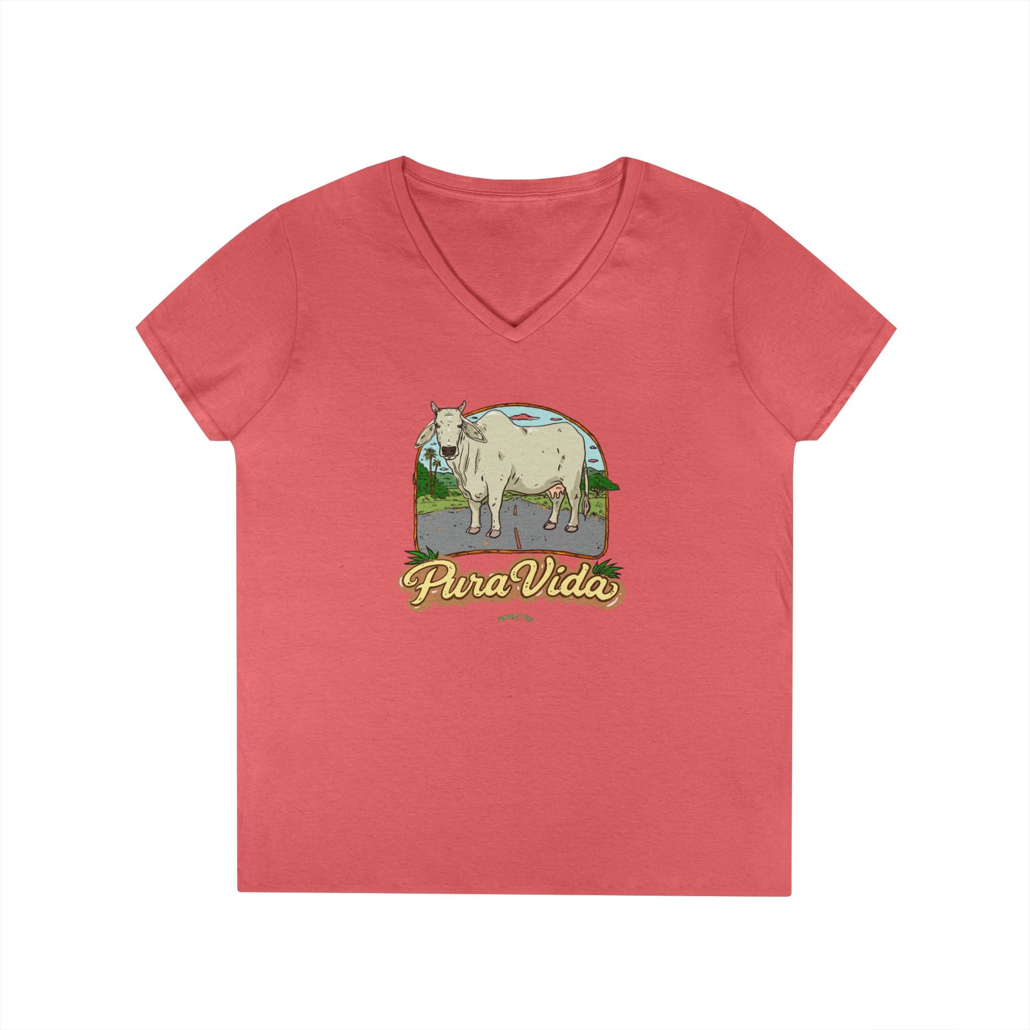 Pura Vida Cow, Women’s Semi Fitted, Midweight V-Neck Tee