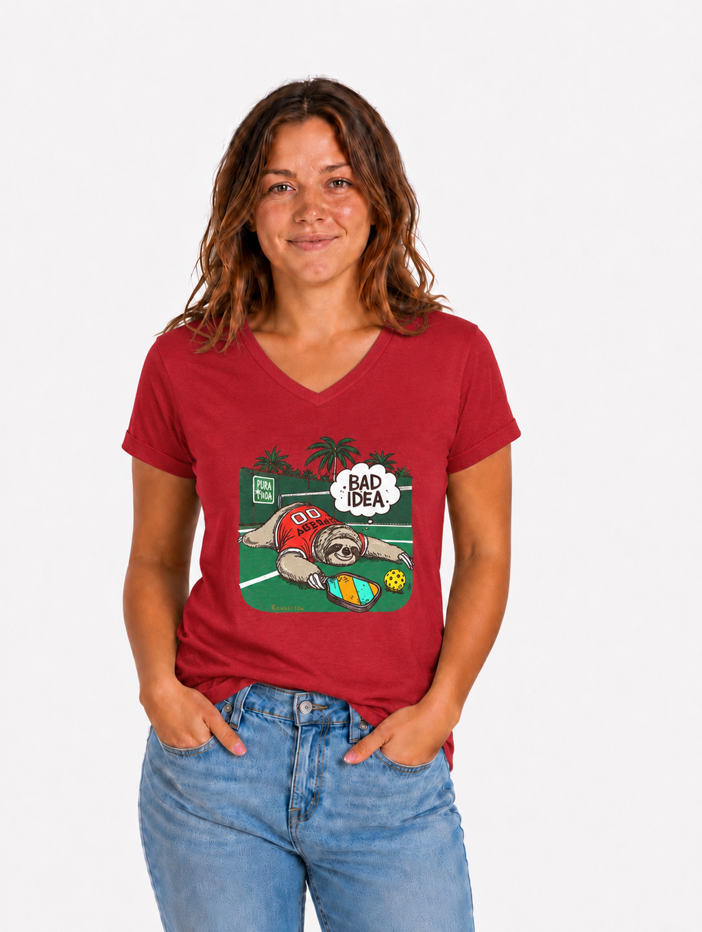 Pickleball Speedy the Sloth Women's Midweight V-Neck Tee