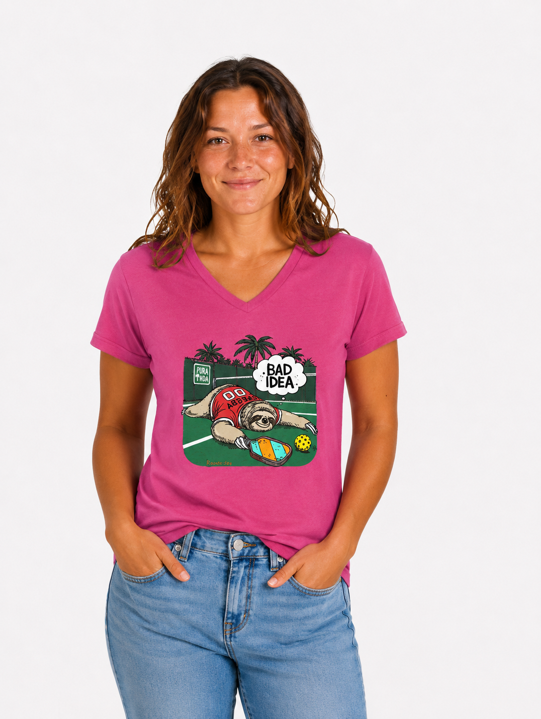 Pickleball Speedy the Sloth Women's Midweight V-Neck Tee
