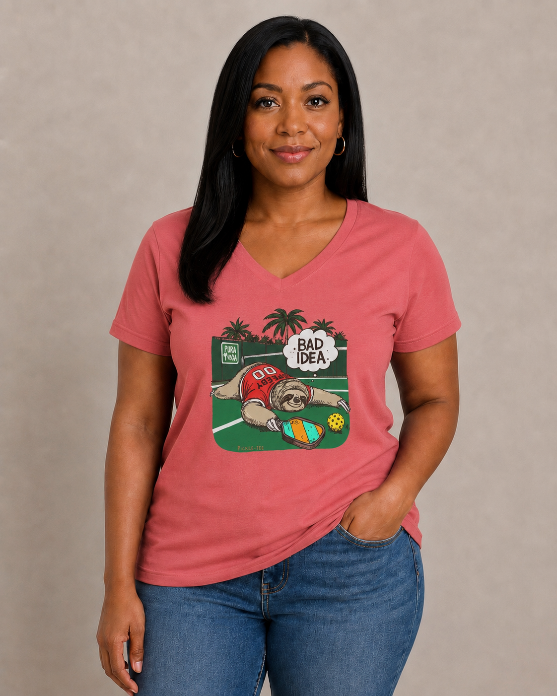 Pickleball Speedy the Sloth Women's Midweight V-Neck Tee