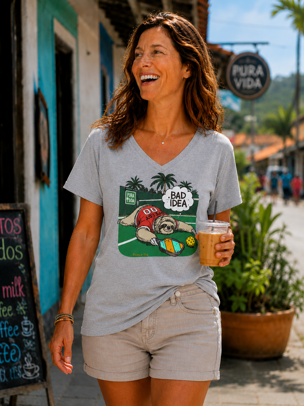 Pickleball Speedy the Sloth Women's Midweight V-Neck Tee