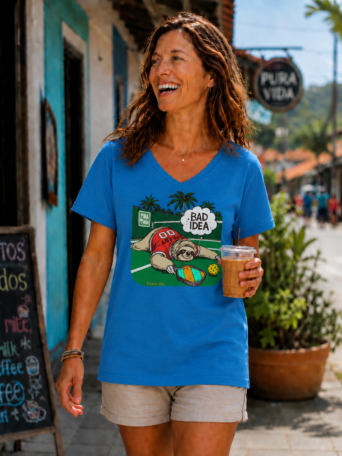 Pickleball Speedy the Sloth Women's Midweight V-Neck Tee