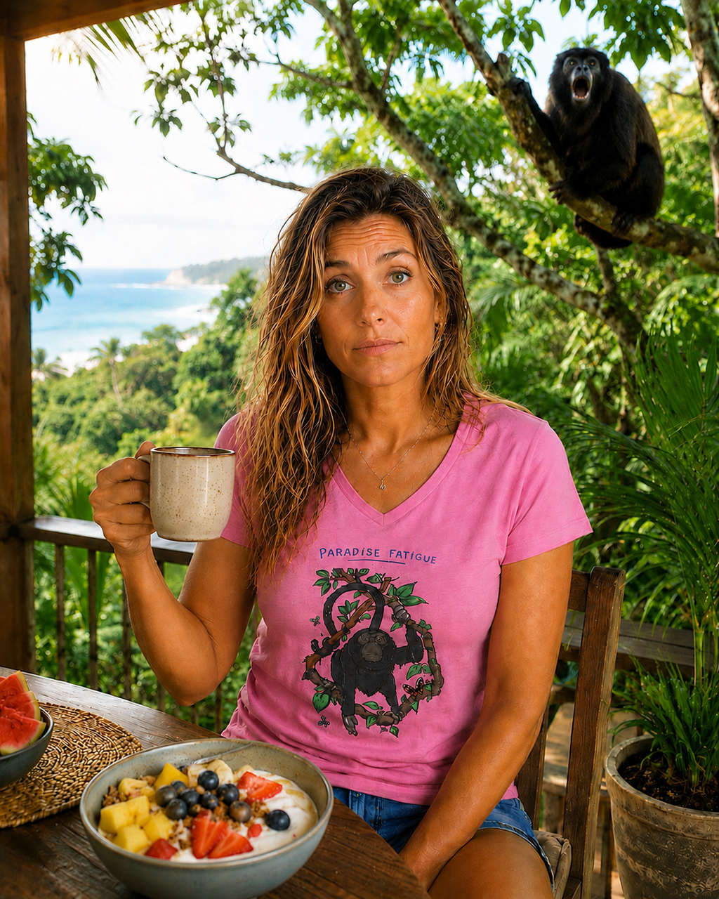 Monkey Paradise Fatigue Women’s Midweight Semi Fitted V-Neck Tee