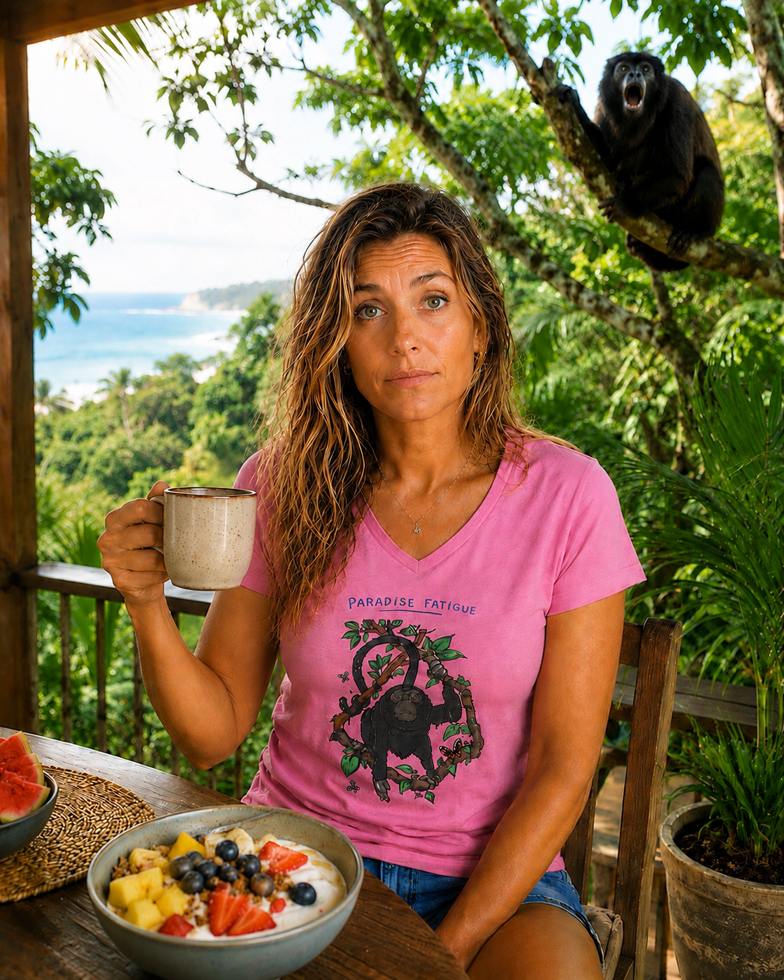 Monkey Paradise Fatigue Women’s Midweight Semi Fitted V-Neck Tee