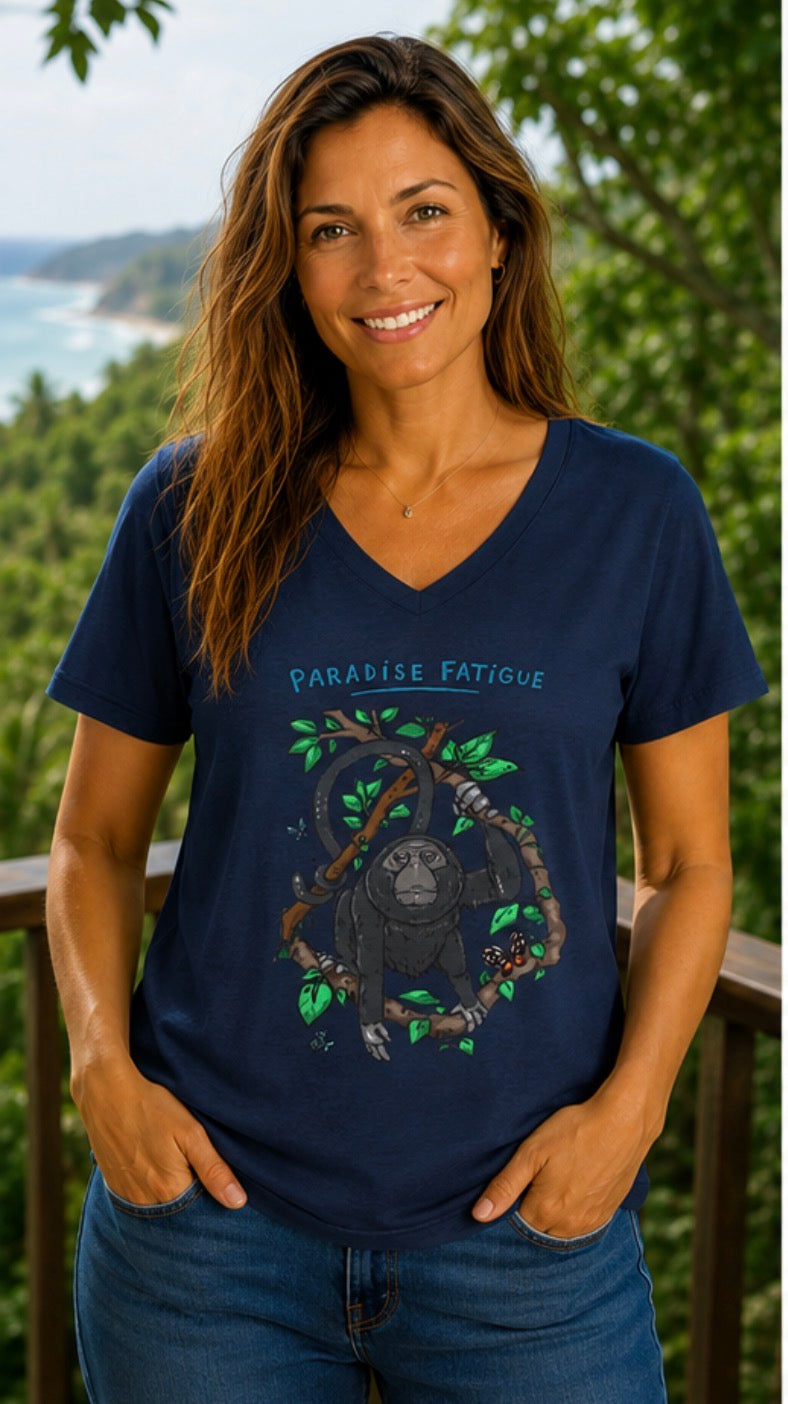 Monkey Paradise Fatigue Women’s Midweight Semi Fitted V-Neck Tee