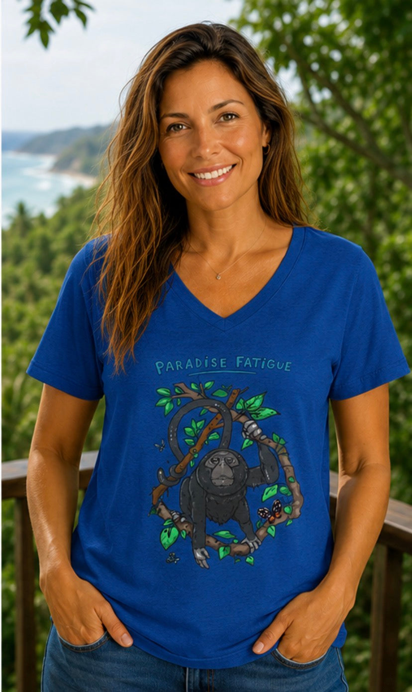 Monkey Paradise Fatigue Women’s Midweight Semi Fitted V-Neck Tee