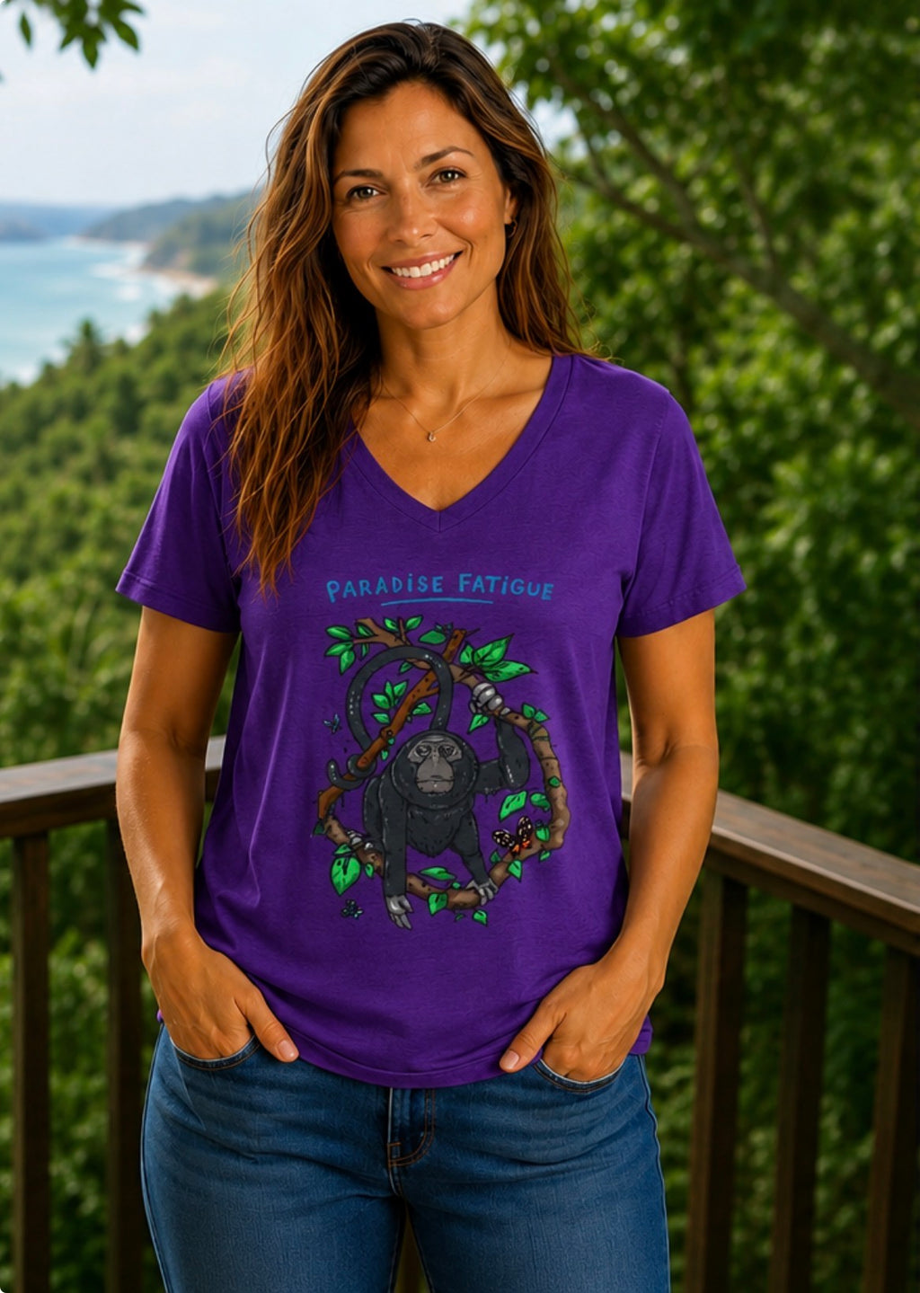 Monkey Paradise Fatigue Women’s Midweight Semi Fitted V-Neck Tee