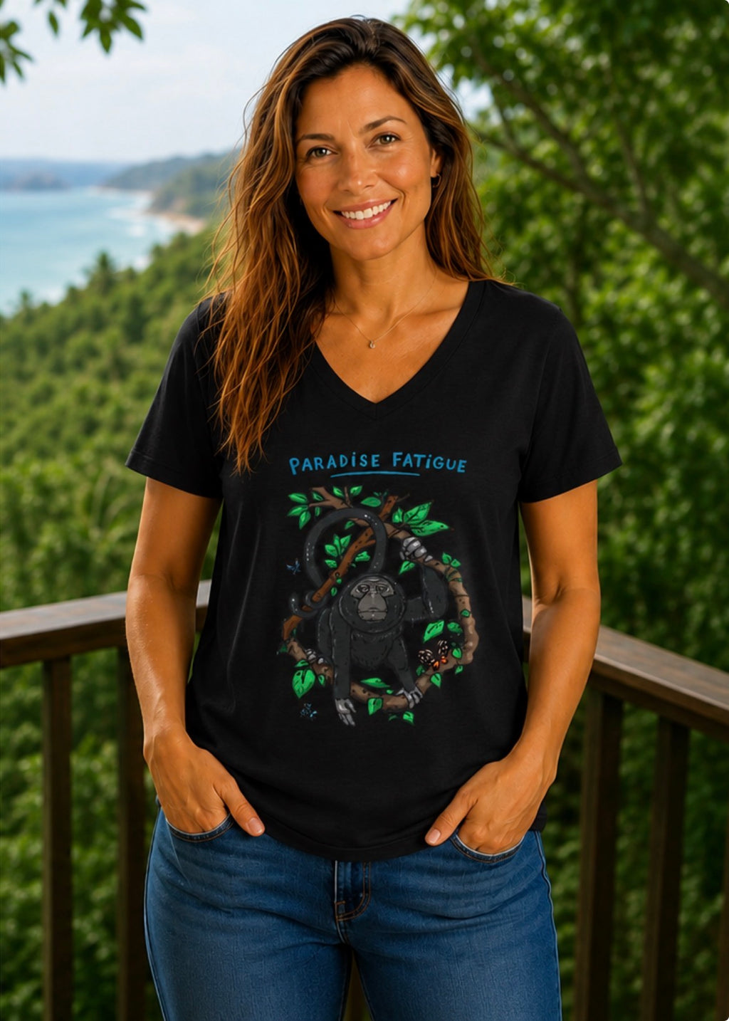 Monkey Paradise Fatigue Women’s Midweight Semi Fitted V-Neck Tee