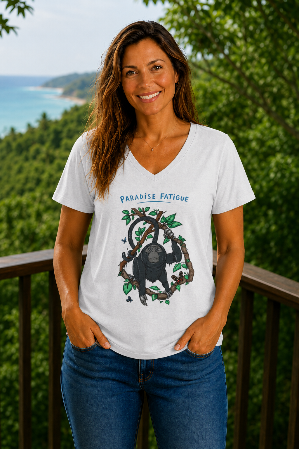 Monkey Paradise Fatigue Women’s Midweight Semi Fitted V-Neck Tee