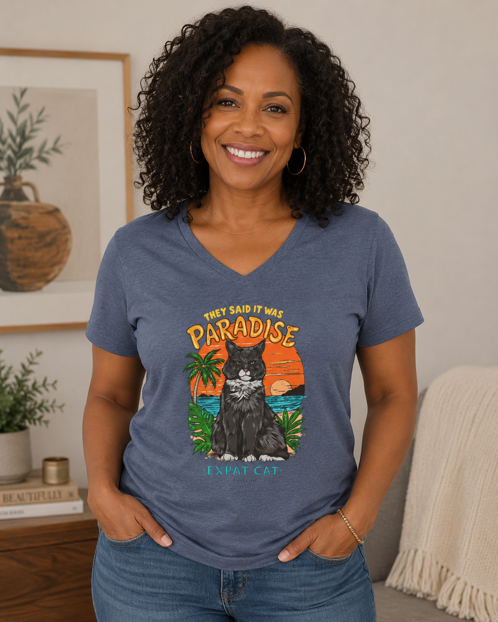 Expat Cat Ladies' Midweight Semi-fitted V-Neck Tee