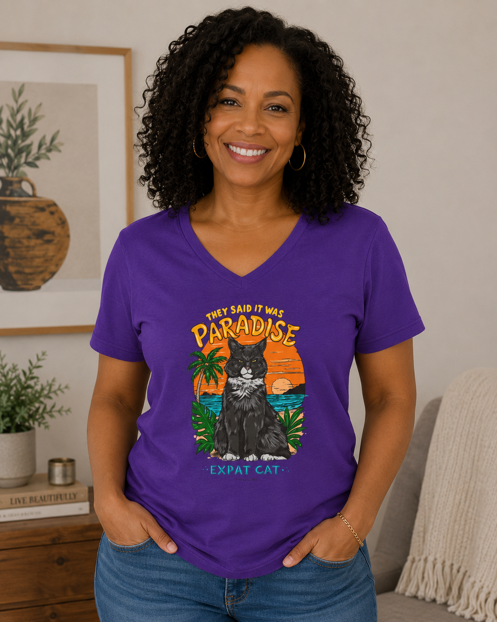 Expat Cat Ladies' Midweight Semi-fitted V-Neck Tee