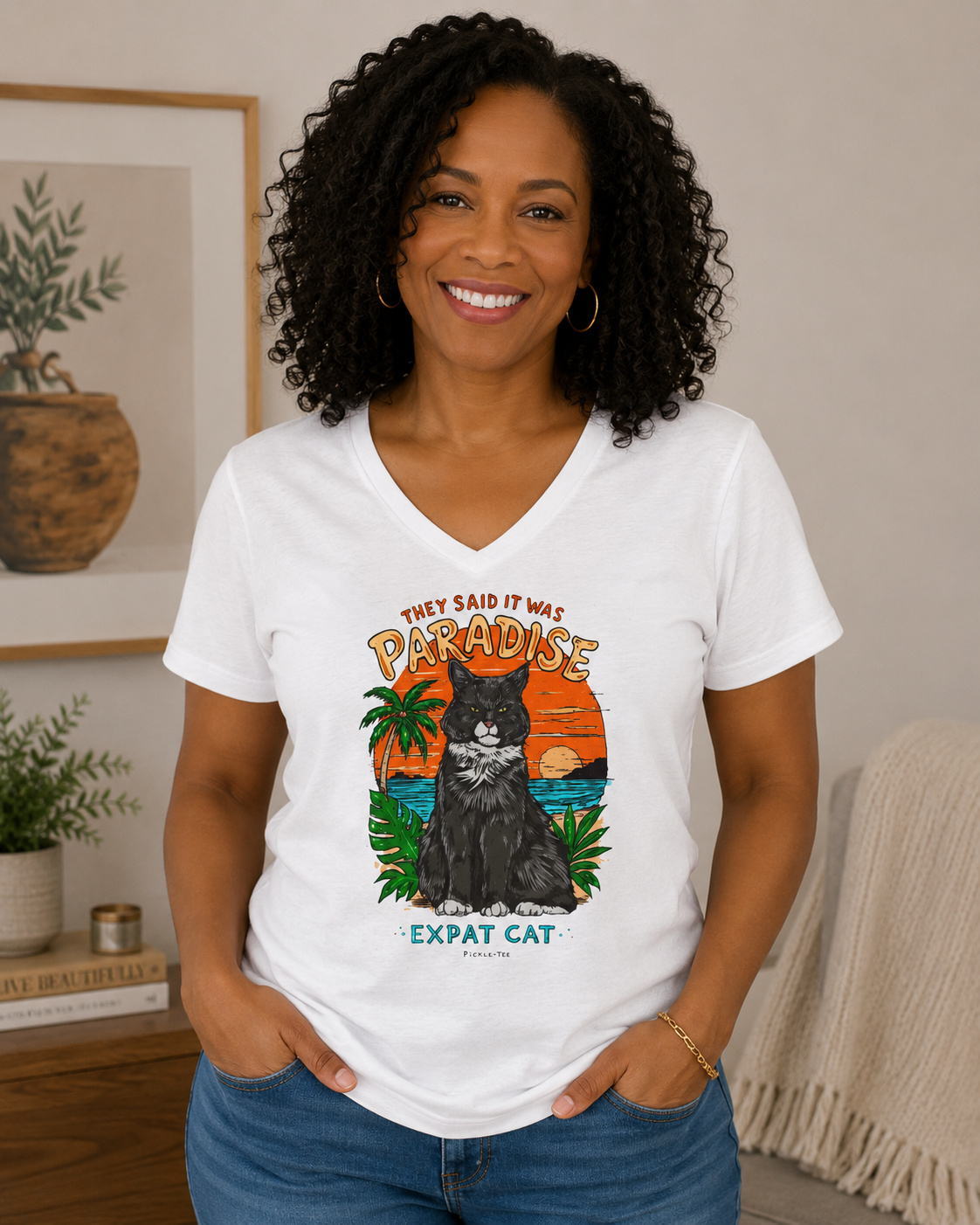 Expat Cat Ladies' Midweight Semi-fitted V-Neck Tee