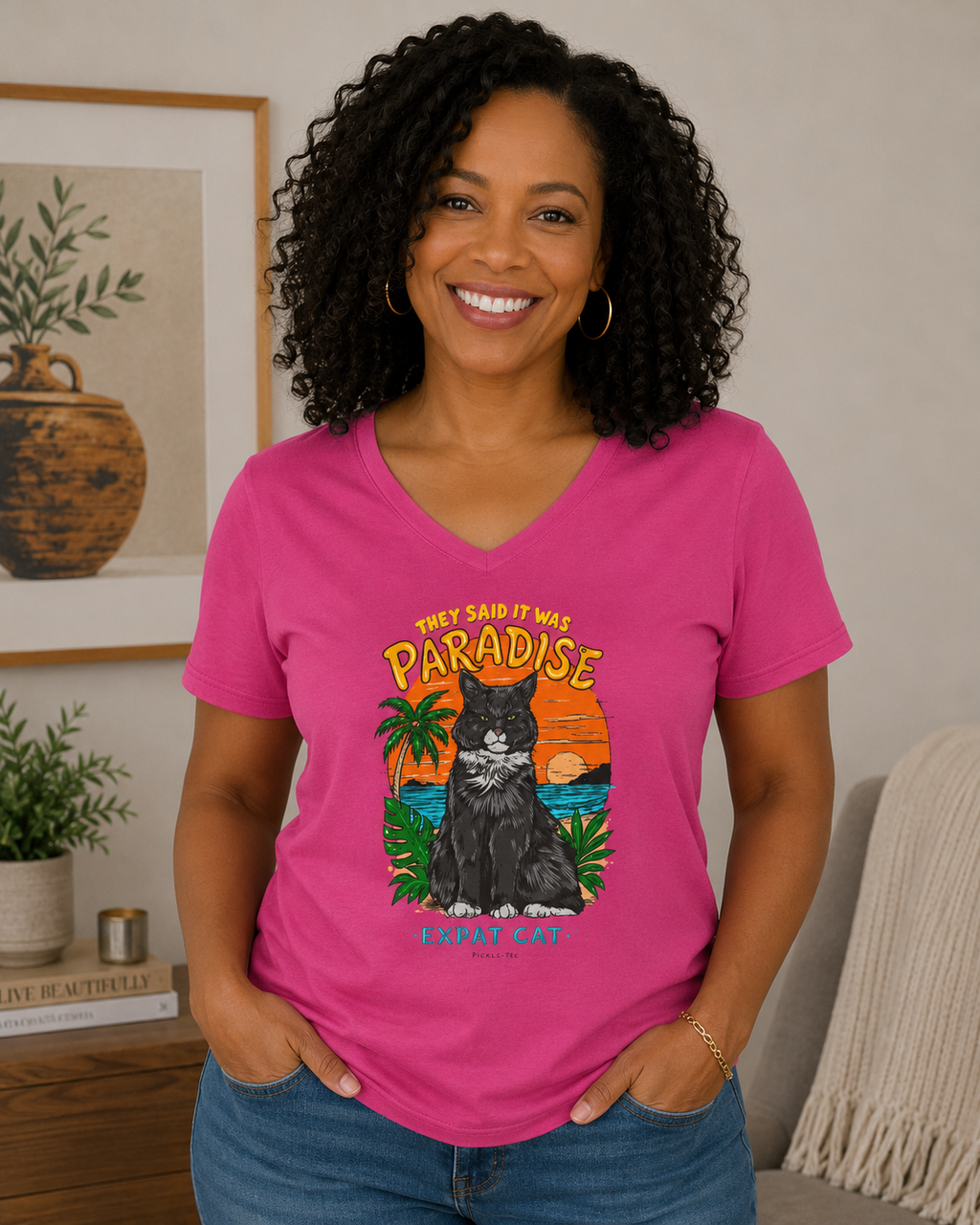 Expat Cat Ladies' Midweight Semi-fitted V-Neck Tee