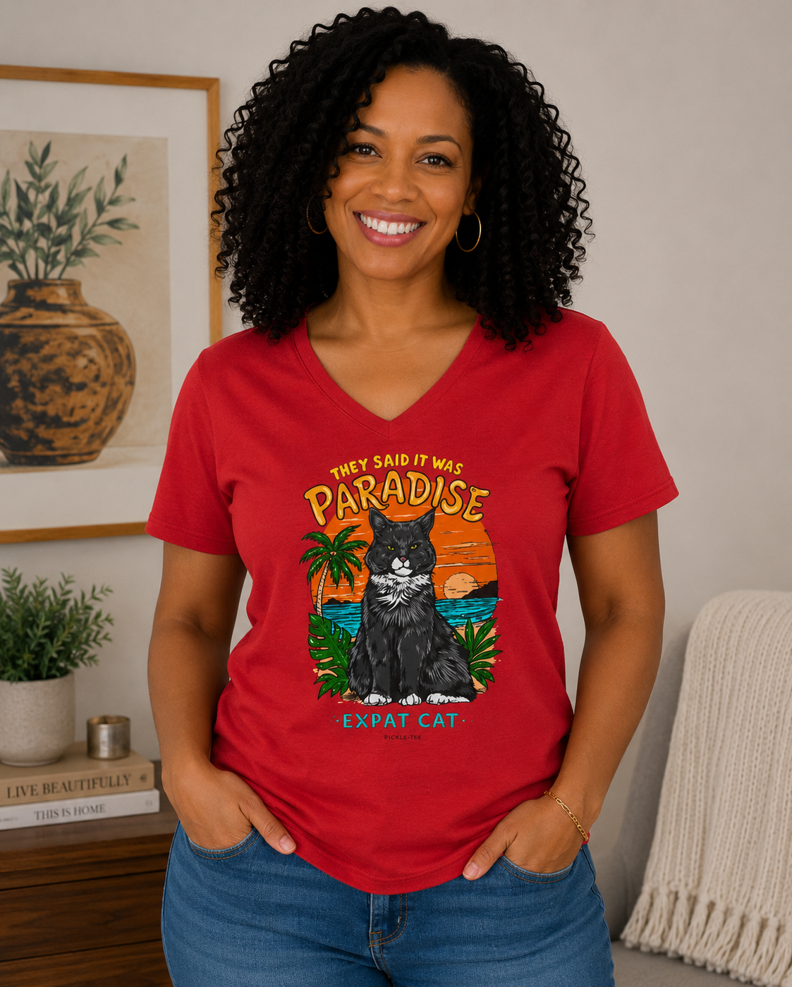 Expat Cat Ladies' Midweight Semi-fitted V-Neck Tee
