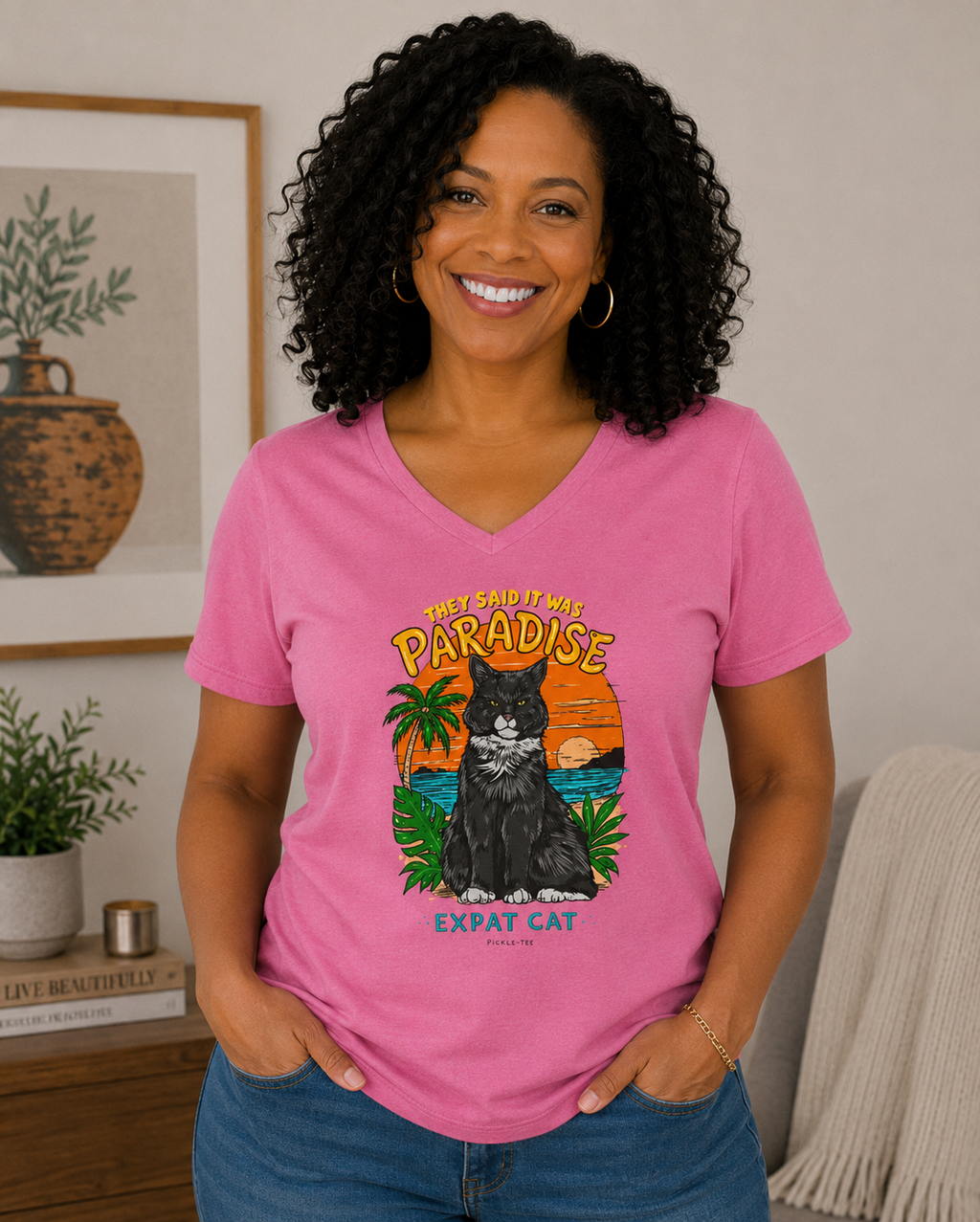 Expat Cat Ladies' Midweight Semi-fitted V-Neck Tee