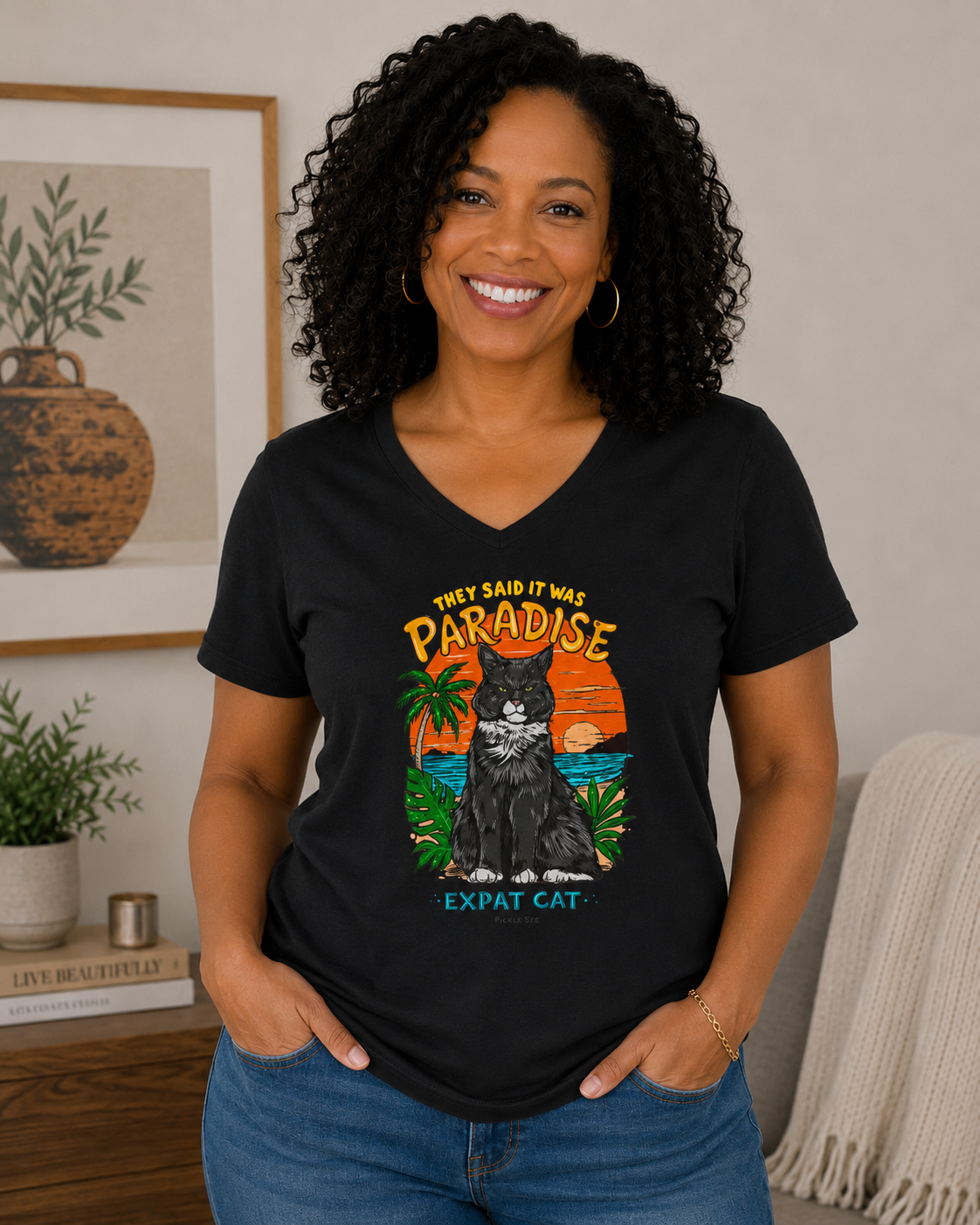 Expat Cat Ladies' Midweight Semi-fitted V-Neck Tee