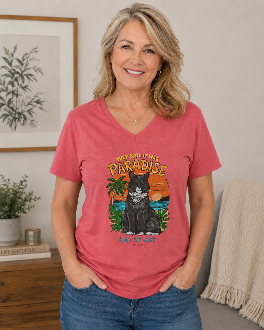 Expat Cat Ladies' Midweight Semi-fitted V-Neck Tee