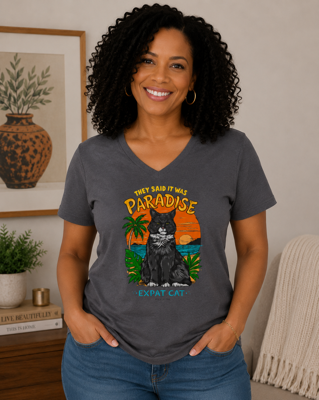 Expat Cat Ladies' Midweight Semi-fitted V-Neck Tee