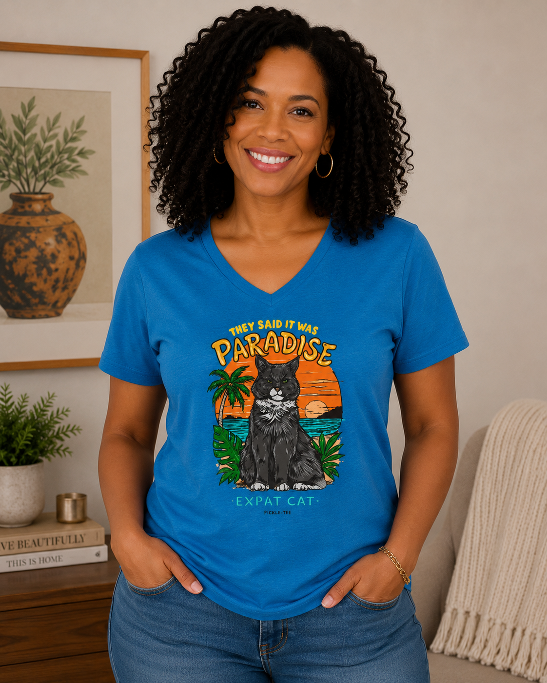 Expat Cat Ladies' Midweight Semi-fitted V-Neck Tee