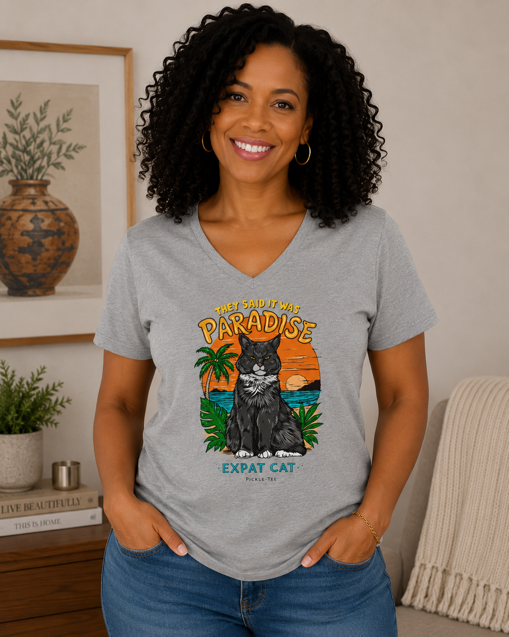 Expat Cat Ladies' Midweight Semi-fitted V-Neck Tee