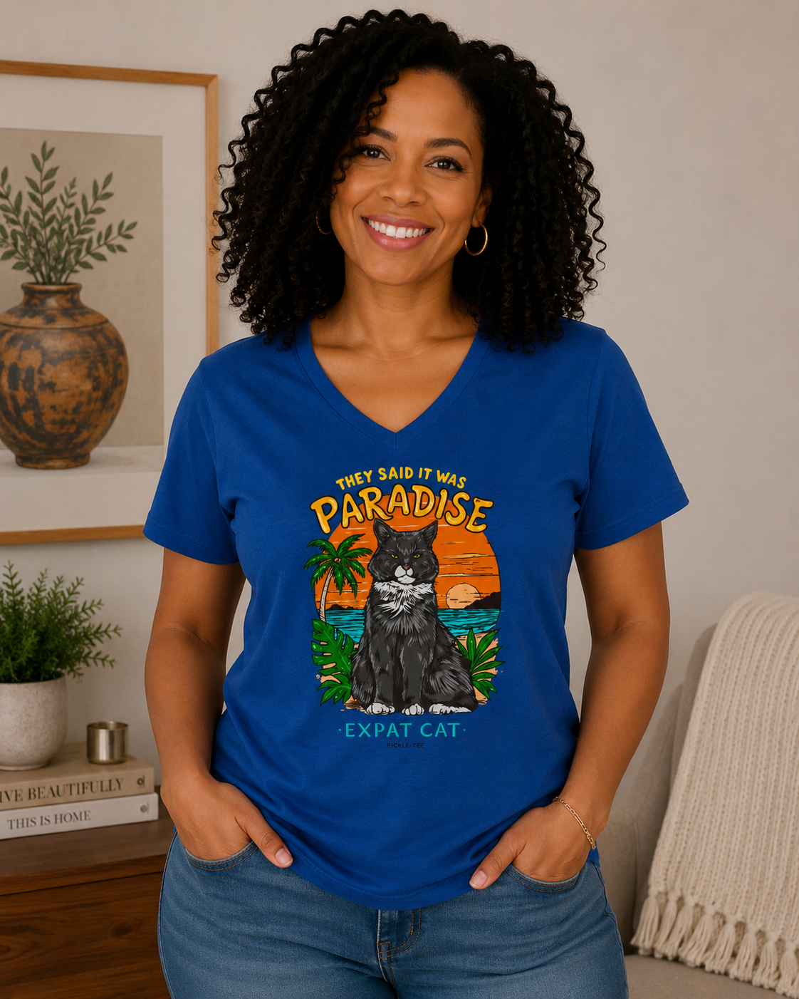 Expat Cat Ladies' Midweight Semi-fitted V-Neck Tee