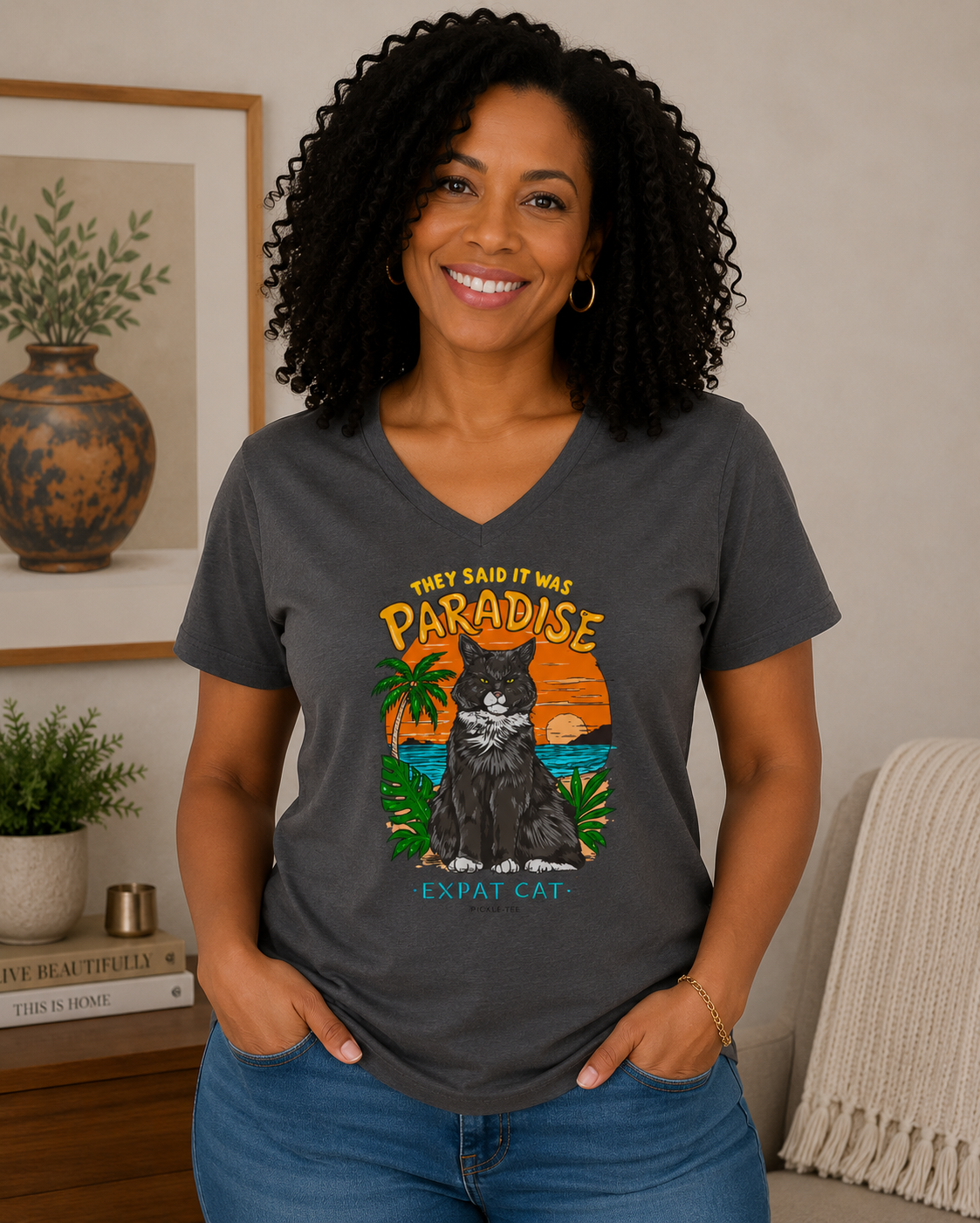 Expat Cat Ladies' Midweight Semi-fitted V-Neck Tee