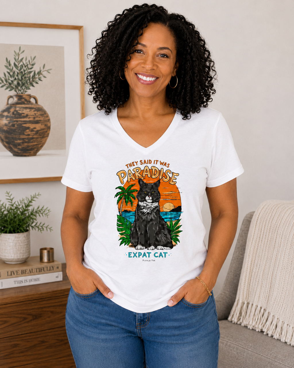 Expat Cat Ladies' Midweight Semi-fitted V-Neck Tee