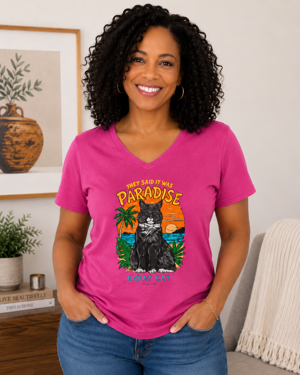 Expat Cat Ladies' Midweight Semi-fitted V-Neck Tee