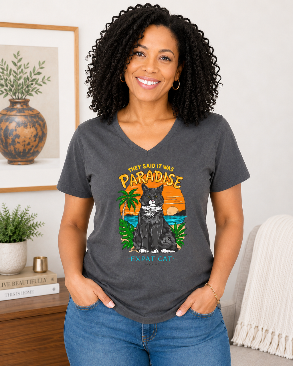 Expat Cat Ladies' Midweight Semi-fitted V-Neck Tee
