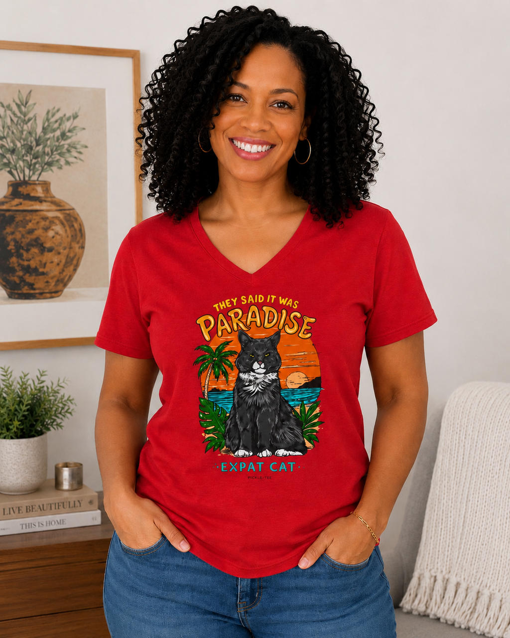 Expat Cat Ladies' Midweight Semi-fitted V-Neck Tee