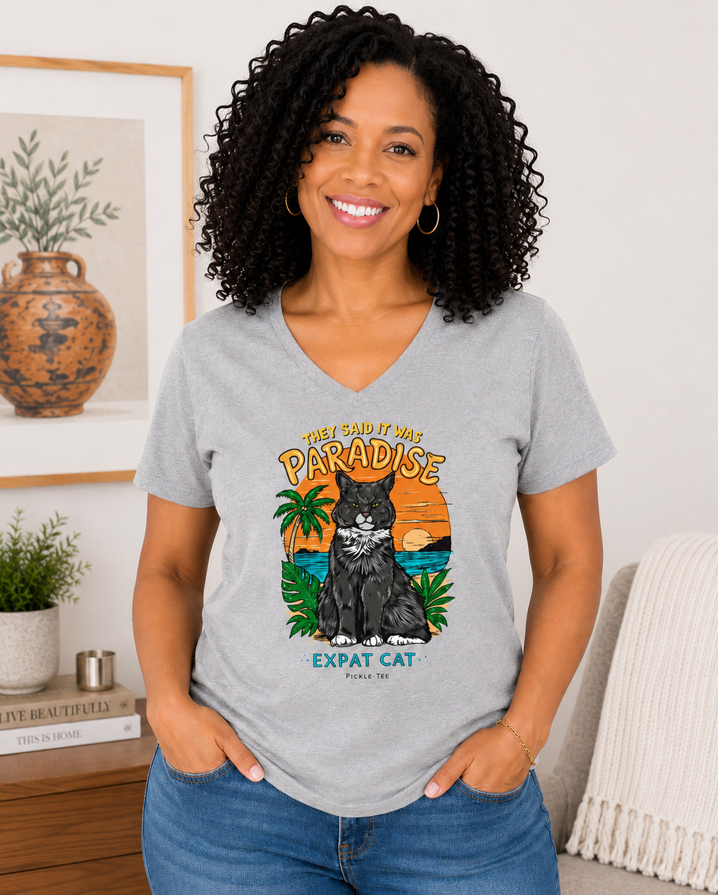 Expat Cat Ladies' Midweight Semi-fitted V-Neck Tee
