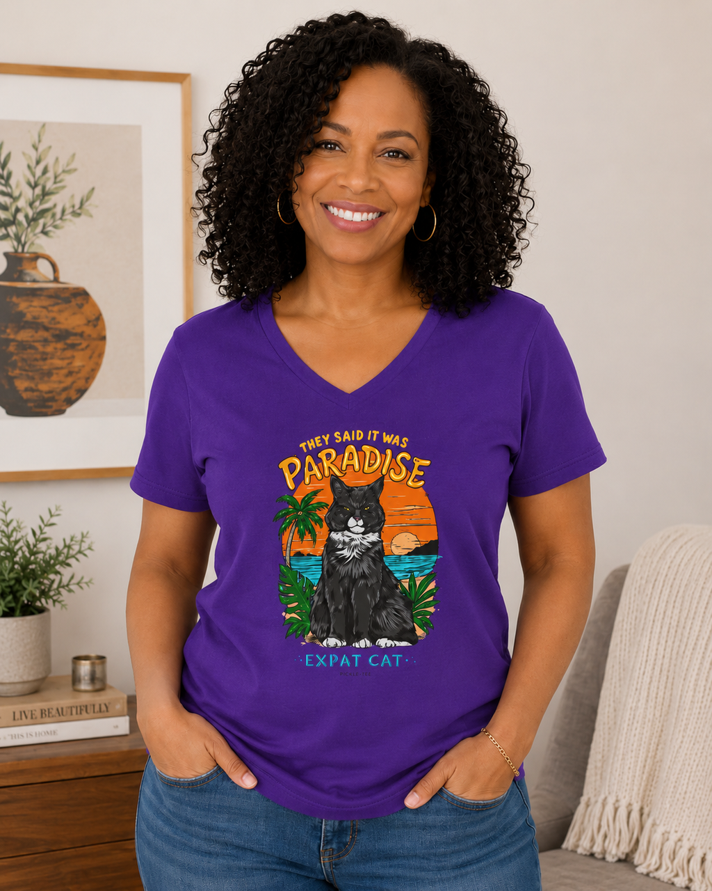Expat Cat Ladies' Midweight Semi-fitted V-Neck Tee