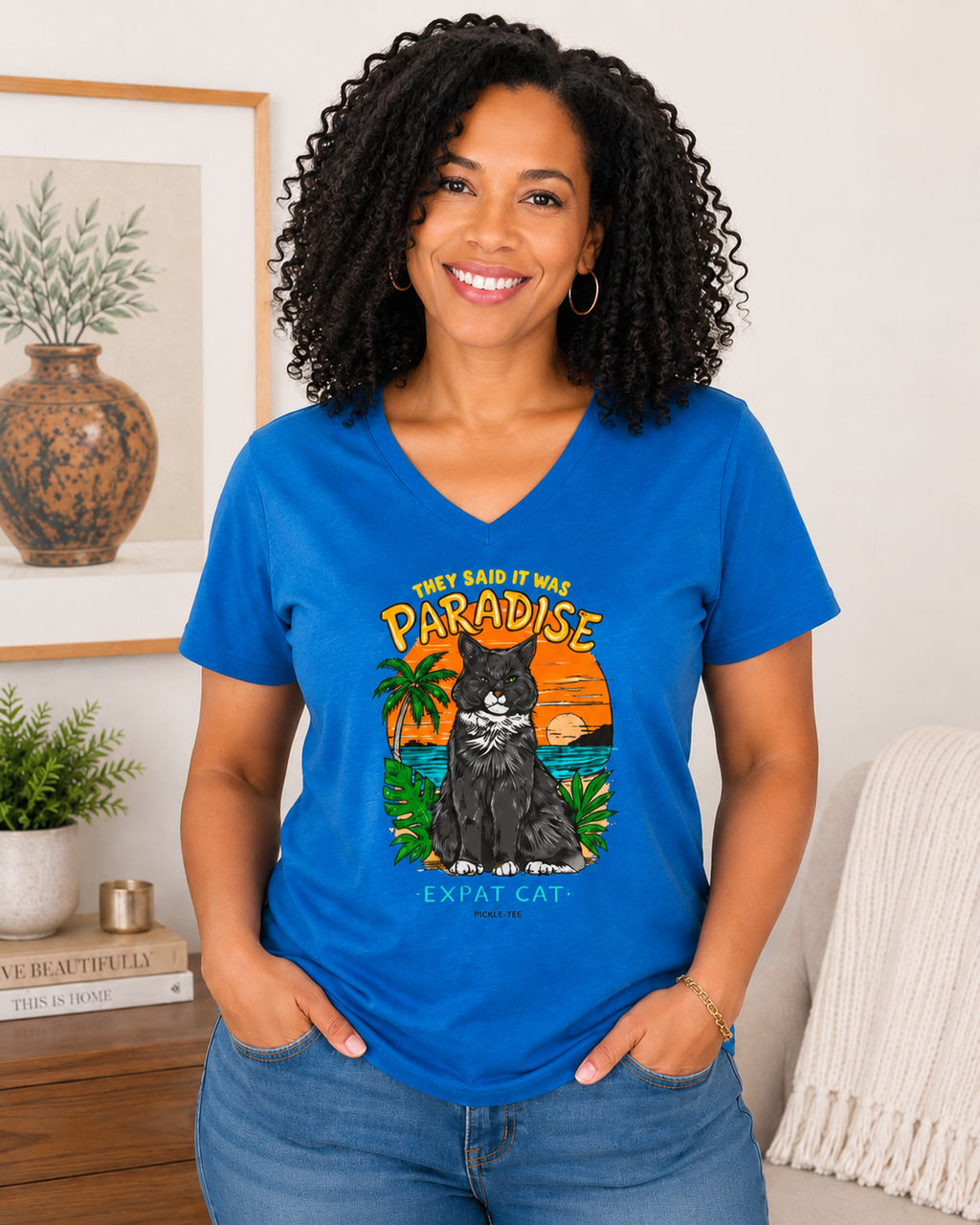 Expat Cat Ladies' Midweight Semi-fitted V-Neck Tee