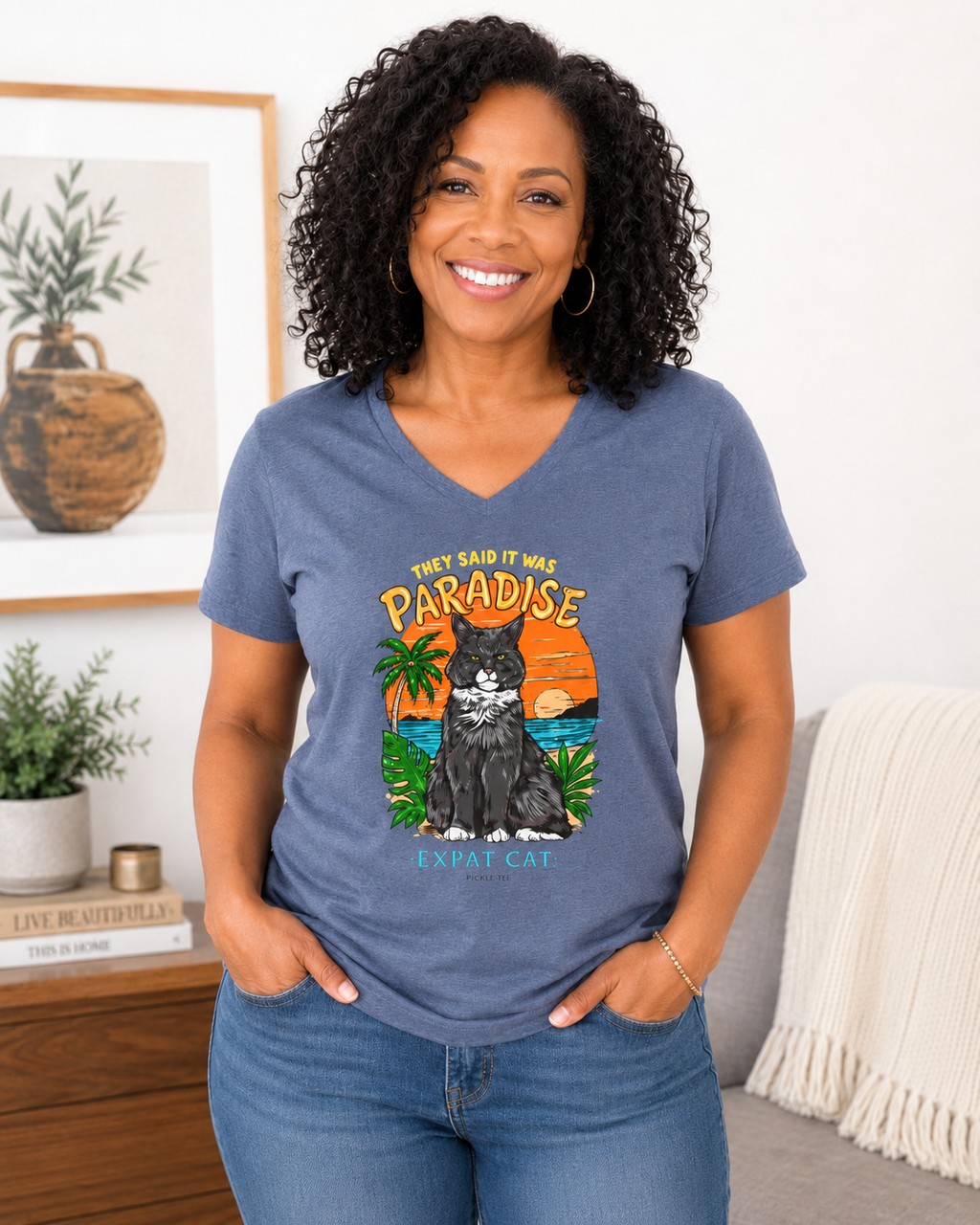 Expat Cat Ladies' Midweight Semi-fitted V-Neck Tee