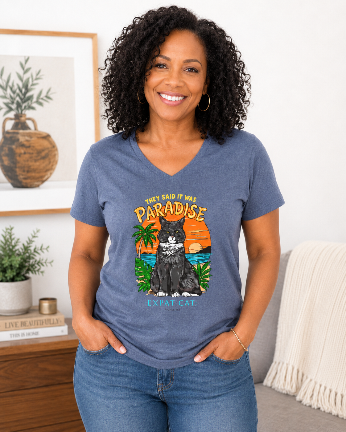 Expat Cat Ladies' Midweight Semi-fitted V-Neck Tee
