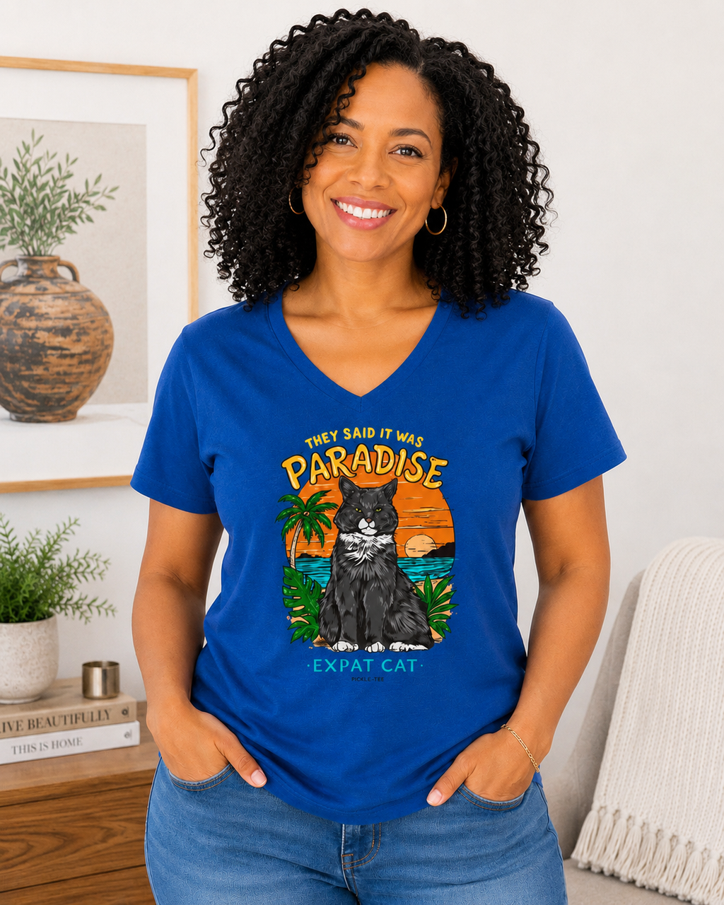Expat Cat Ladies' Midweight Semi-fitted V-Neck Tee