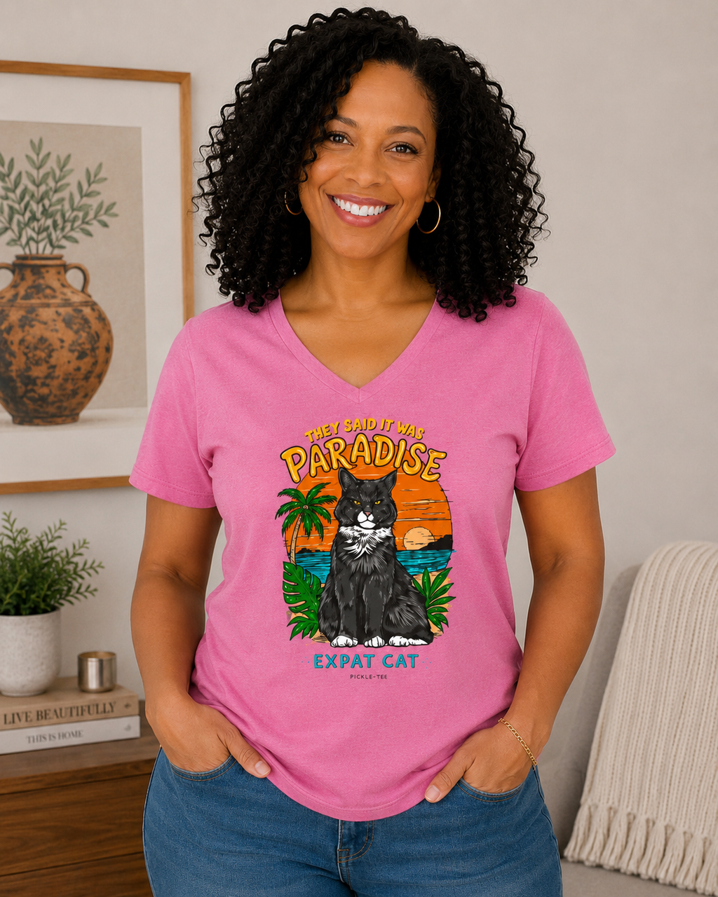 Expat Cat Ladies' Midweight Semi-fitted V-Neck Tee