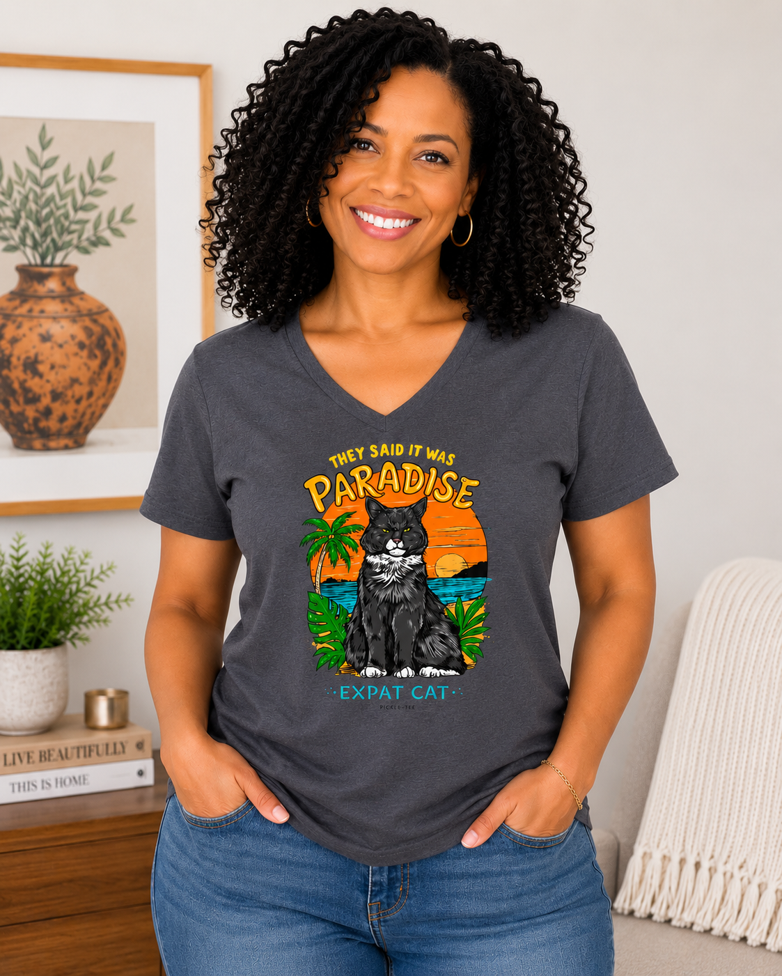 Expat Cat Ladies' Midweight Semi-fitted V-Neck Tee