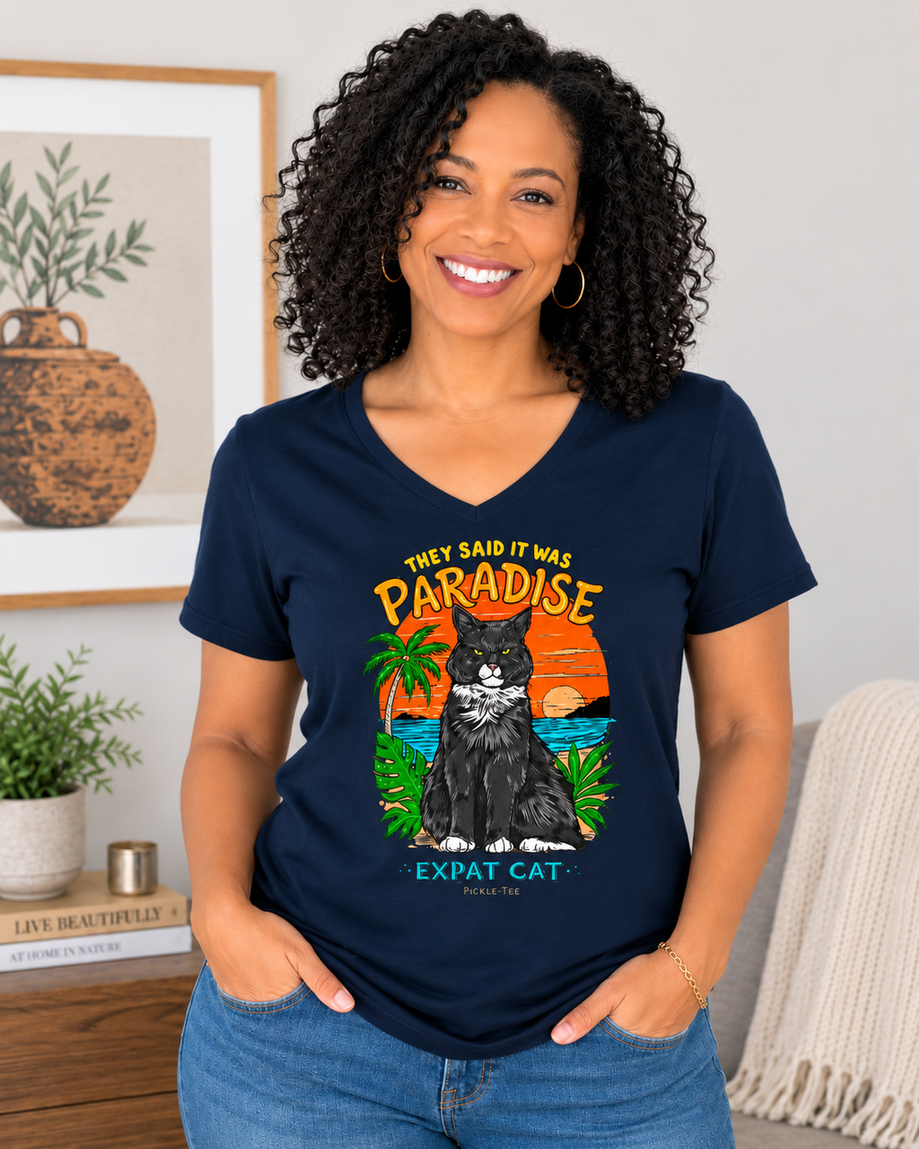 Expat Cat Ladies' Midweight Semi-fitted V-Neck Tee