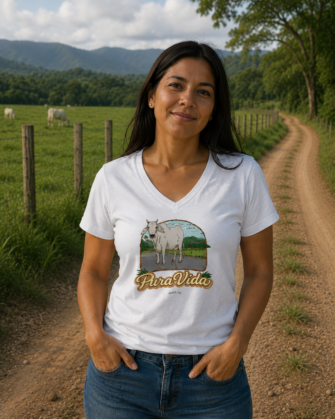 Pura Vida Cow, Women’s Semi Fitted, Midweight V-Neck Tee
