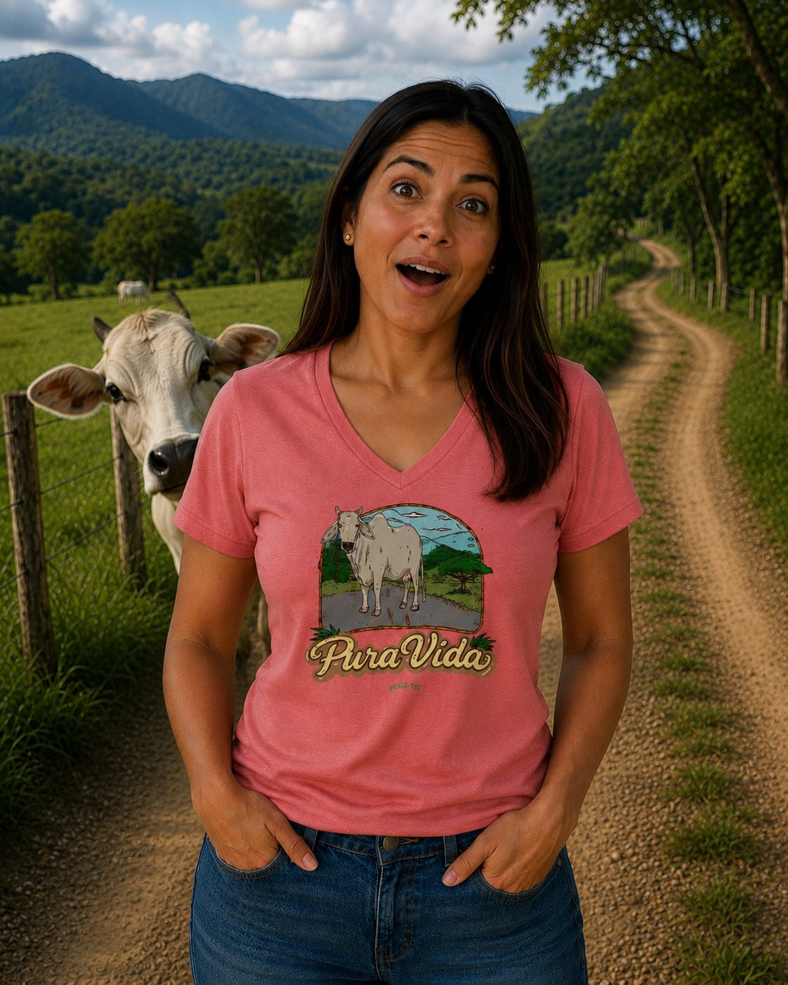 Pura Vida Cow, Women’s Semi Fitted, Midweight V-Neck Tee
